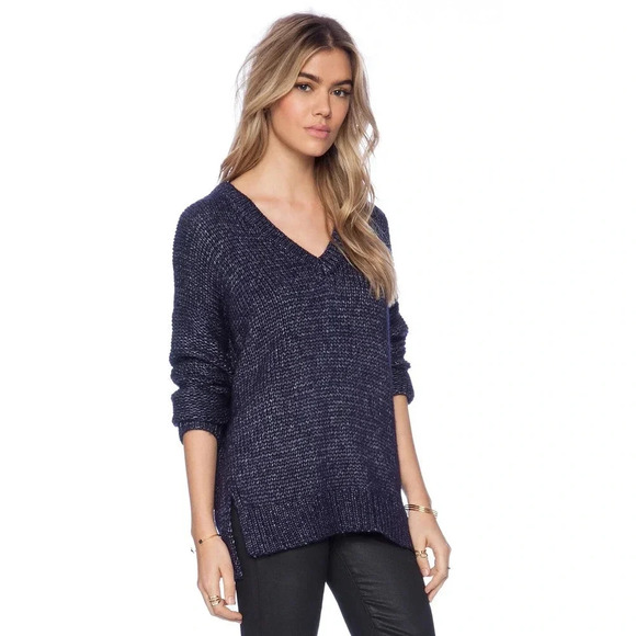 Vince Metallic Textured V-Neck Sweater Navy Size S - Picture 2 of 7